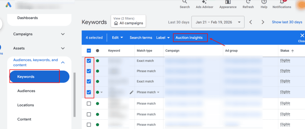 Select your desired rows first, then click "Auction insights" in the top menu to view competitor data for those specific targets.